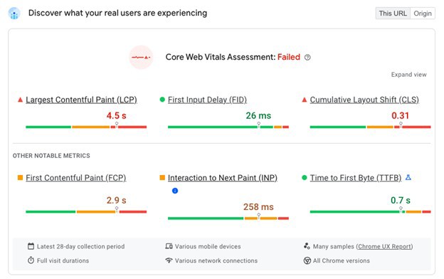 If your website does not meet the Core Web Vitals, you will get a warning in various tools, for example, the “Core Web Vitals Assessment: Failed” alert in Page Speed Insights.